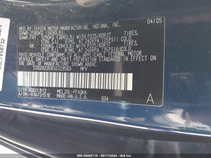 2005 Toyota Sienna Xle Limited VIN: 5TDZA22C65S329569 Lot: 39442110