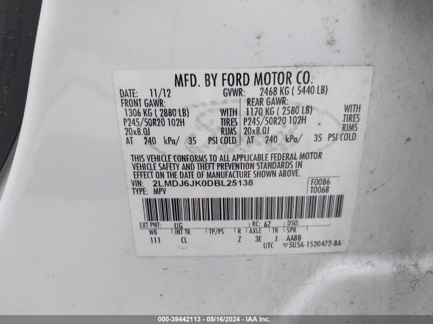 2013 LINCOLN MKX - 2LMDJ6JK0DBL25138