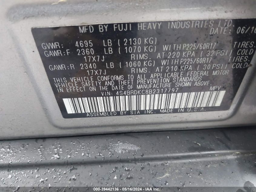 2011 Subaru Outback 3.6R Limited VIN: 4S4BRDKC8B2317797 Lot: 39442136