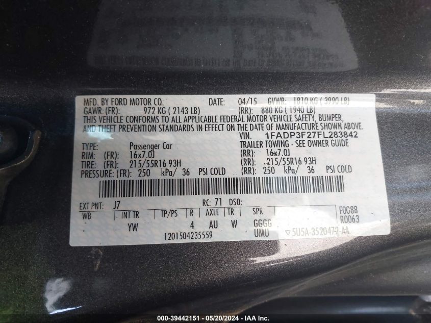 1FADP3F27FL283842 | 2015 FORD FOCUS