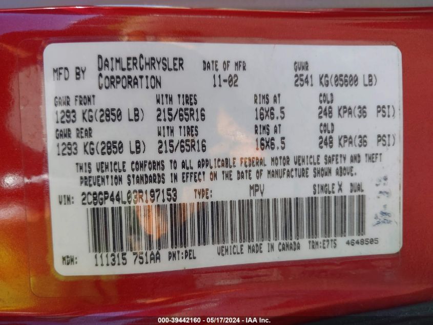 2003 Chrysler Town & Country Lx VIN: 2C8GP44L03R197153 Lot: 39442160