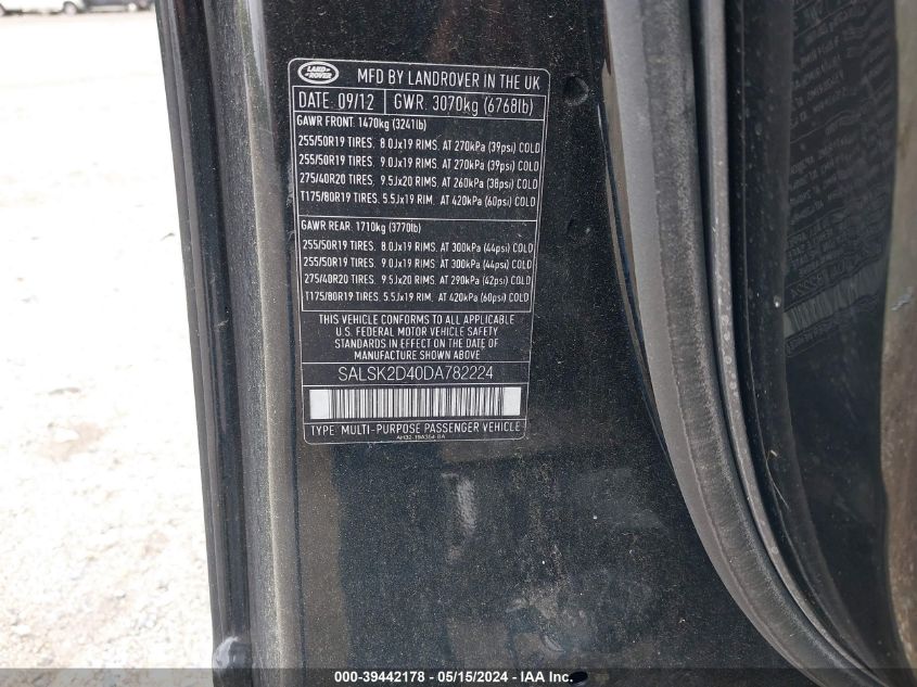 2013 Land Rover Range Rover Sport Hse VIN: SALSK2D40DA782224 Lot: 39442178