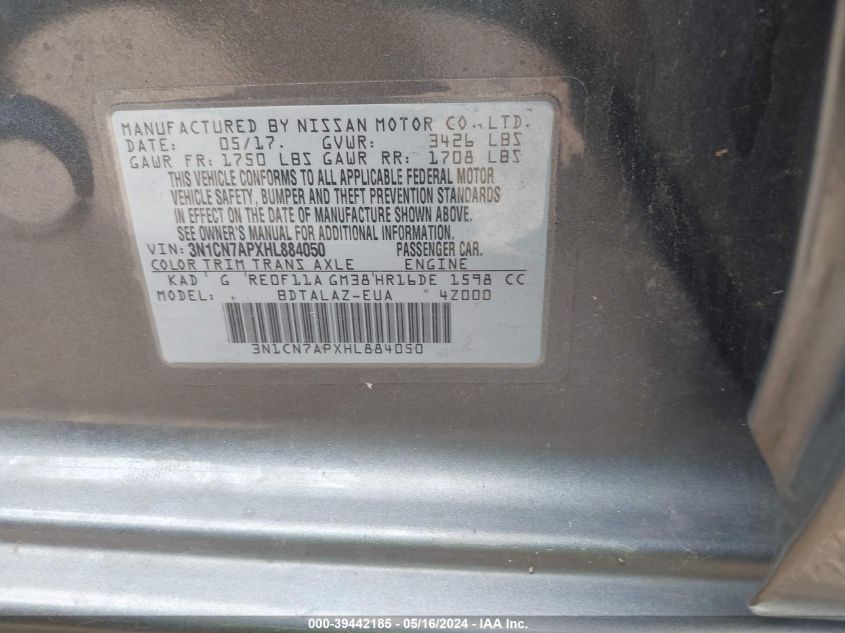 2017 Nissan Versa 1.6 S+ VIN: 3N1CN7APXHL884050 Lot: 39442185