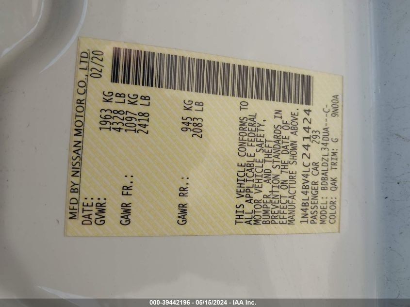 2020 Nissan Altima S Fwd VIN: 1N4BL4BV4LC241424 Lot: 39442196