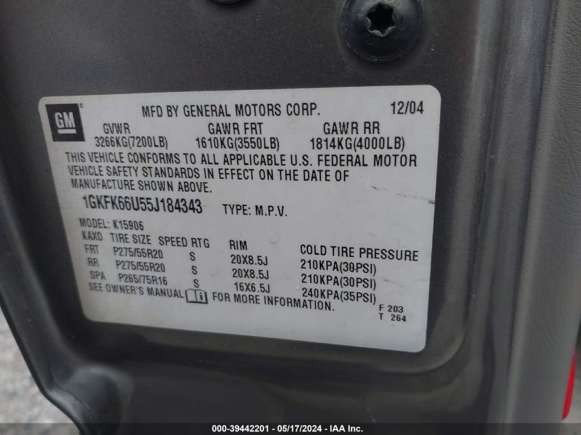 2005 GMC Yukon Xl 1500 Denali VIN: 1GKFK66U55J184343 Lot: 39442201