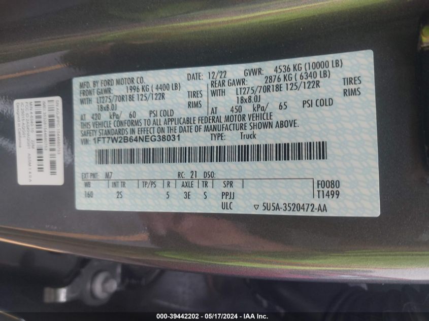 2022 Ford F-250 Xlt VIN: 1FT7W2B64NEG38031 Lot: 39442202