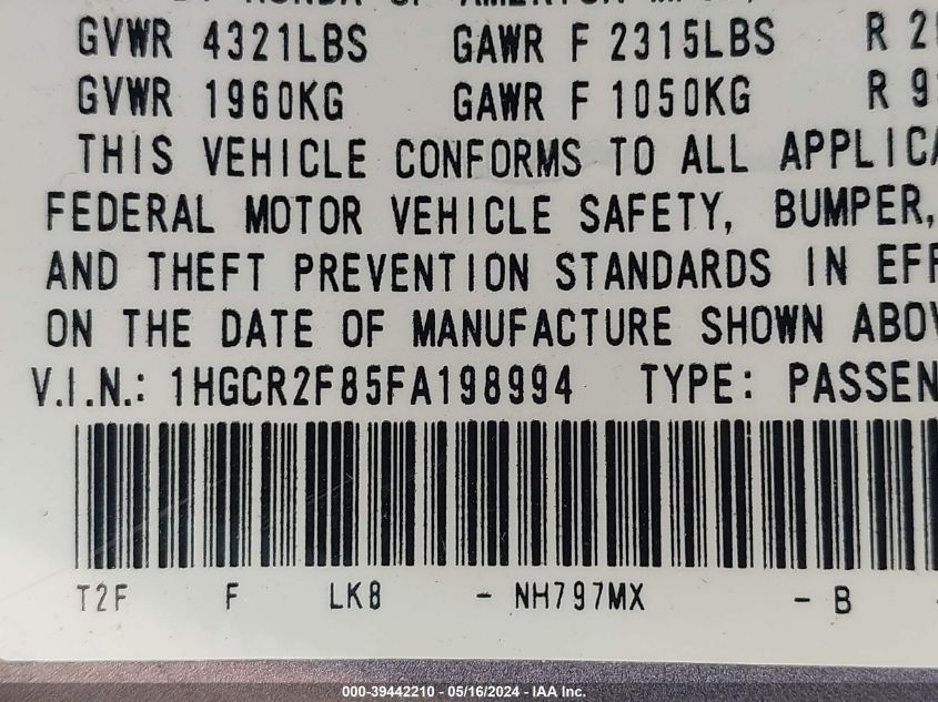 2015 Honda Accord Ex-L VIN: 1HGCR2F85FA198994 Lot: 39442210