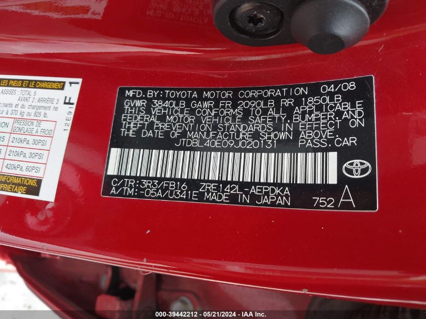 2009 Toyota Corolla Le VIN: JTDBL40E09J020131 Lot: 39442212