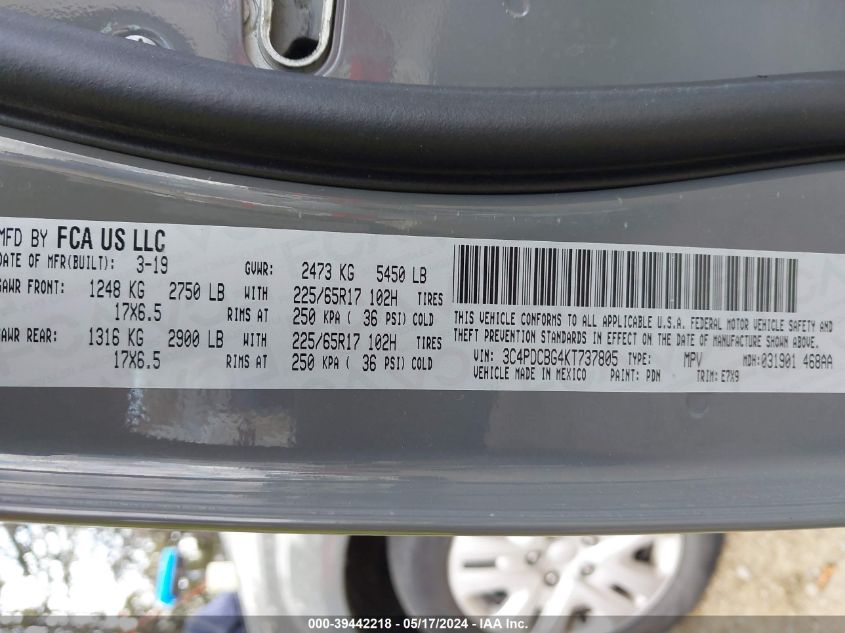 2019 Dodge Journey Se VIN: 3C4PDCBG4KT737805 Lot: 39442218