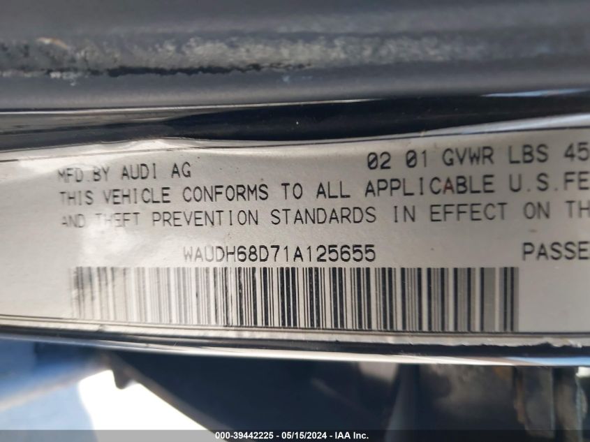 2001 Audi A4 2.8 VIN: WAUDH68D71A125655 Lot: 39442225