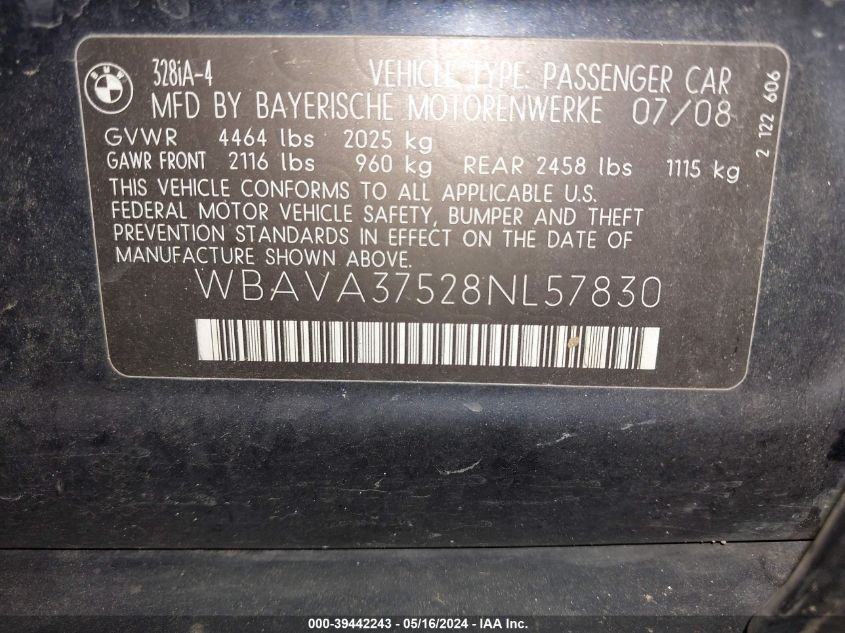 2008 BMW 328I VIN: WBAVA37528NL57830 Lot: 39442243