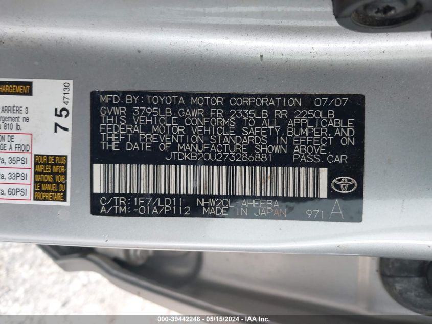 2007 Toyota Prius VIN: JTDKB20U273286881 Lot: 39442246