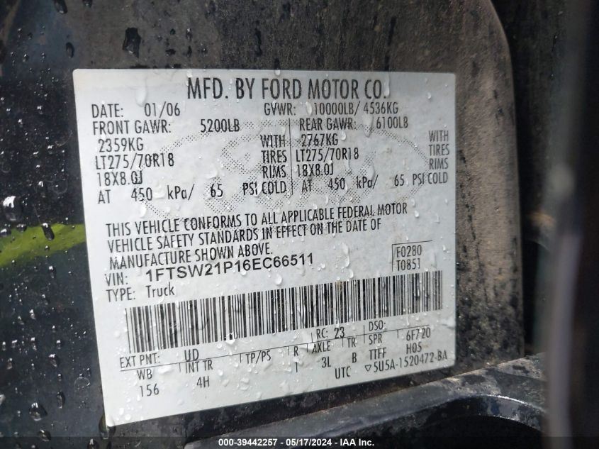 2006 Ford F-250 Lariat/Xl/Xlt VIN: 1FTSW21P16EC66511 Lot: 39442257
