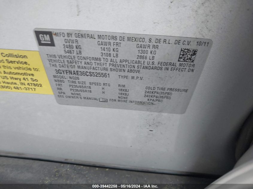 2012 Cadillac Srx Luxury Collection VIN: 3GYFNAE36CS525561 Lot: 39442258