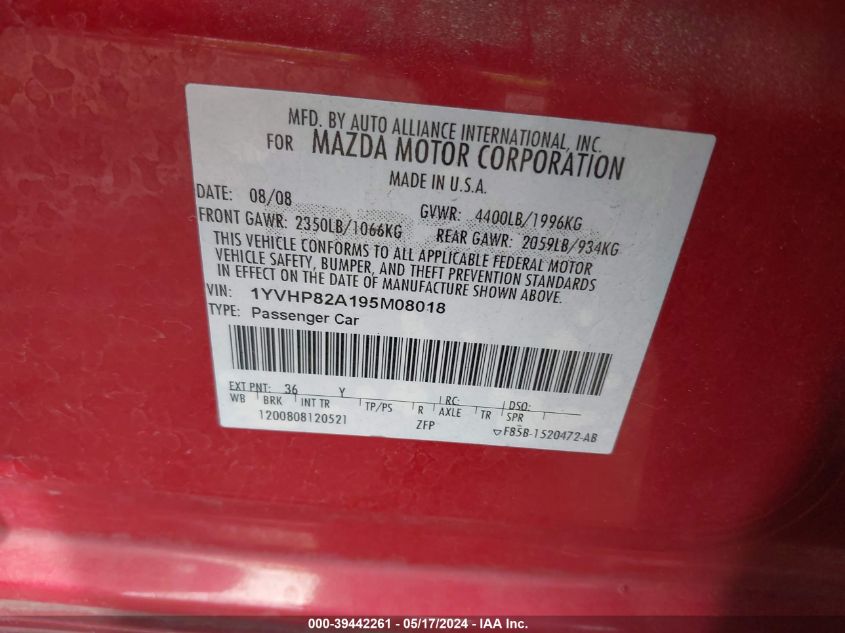 2009 Mazda Mazda6 I Grand Touring VIN: 1YVHP82A195M08018 Lot: 39442261