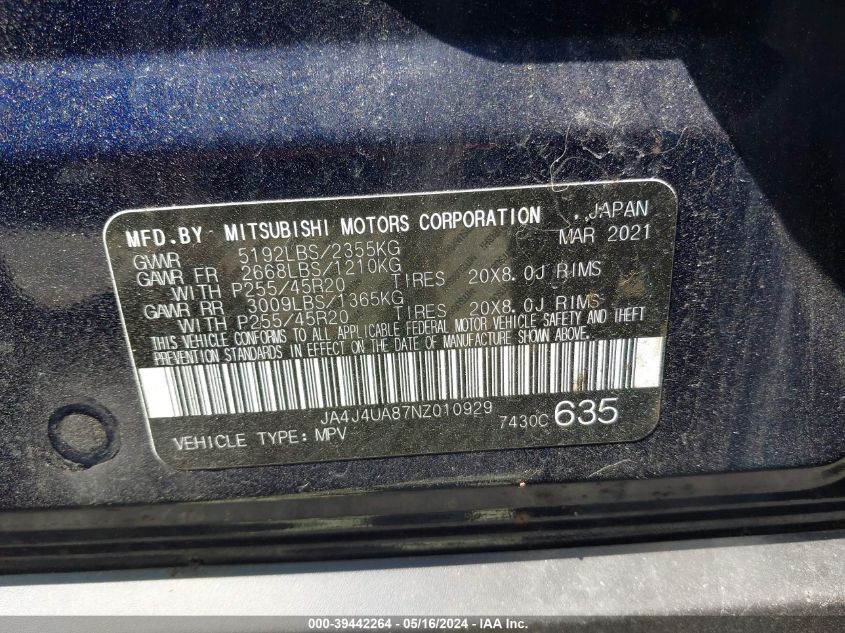 2022 Mitsubishi Outlander Black Edition S-Awc/Se 2.5 S-Awc/Se Launch Edition S-Awc VIN: JA4J4UA87NZ010929 Lot: 39442264