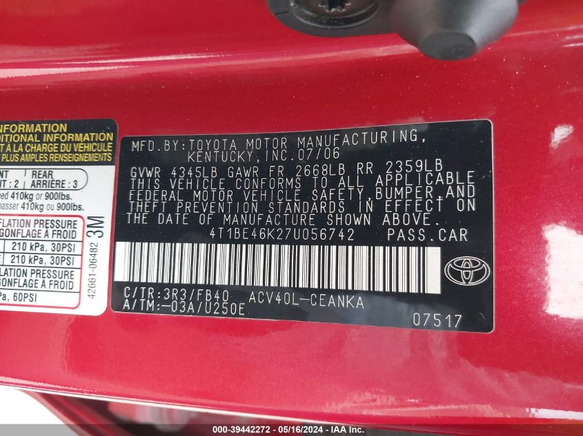 2007 Toyota Camry Le VIN: 4T1BE46K27U056742 Lot: 39442272