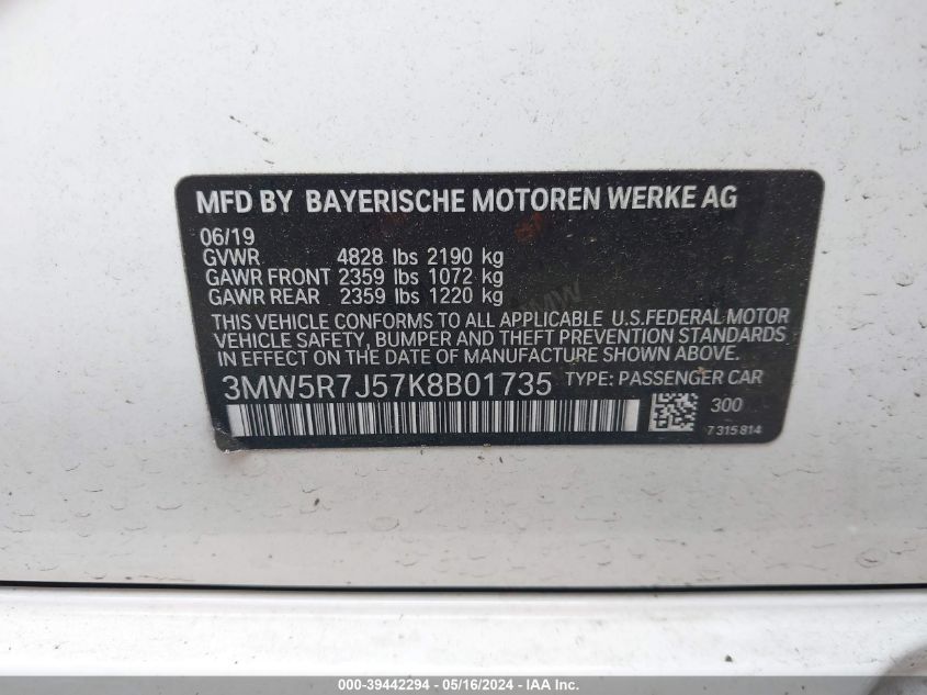 2019 BMW 330I xDrive VIN: 3MW5R7J57K8B01735 Lot: 39442294