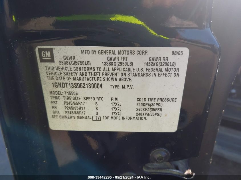 2006 Chevrolet Trailblazer Lt VIN: 1GNDT13S962130004 Lot: 39442295