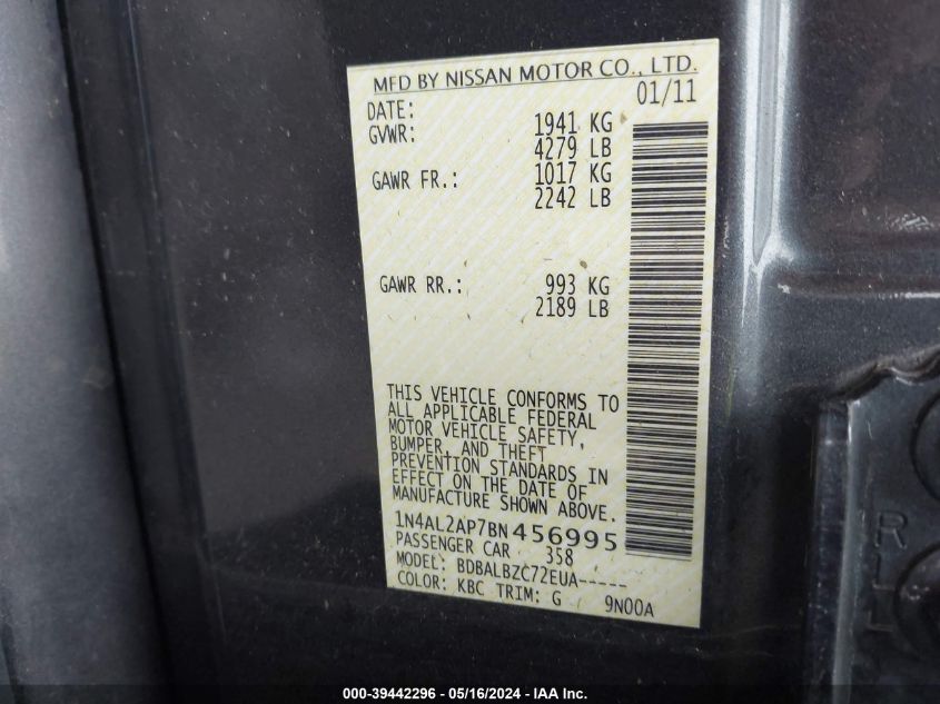 2011 Nissan Altima 2.5 S VIN: 1N4AL2AP7BN456995 Lot: 39442296