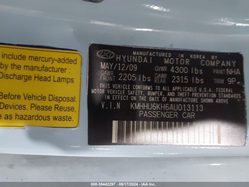 2010 Hyundai Genesis 3.8 Track VIN: KMHHU6KH6AU013113 Lot: 39442297