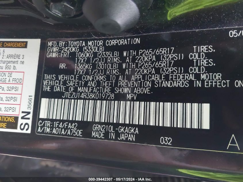 2008 Toyota 4Runner Sr5 V6 VIN: JTEZU14R38K019728 Lot: 39442307