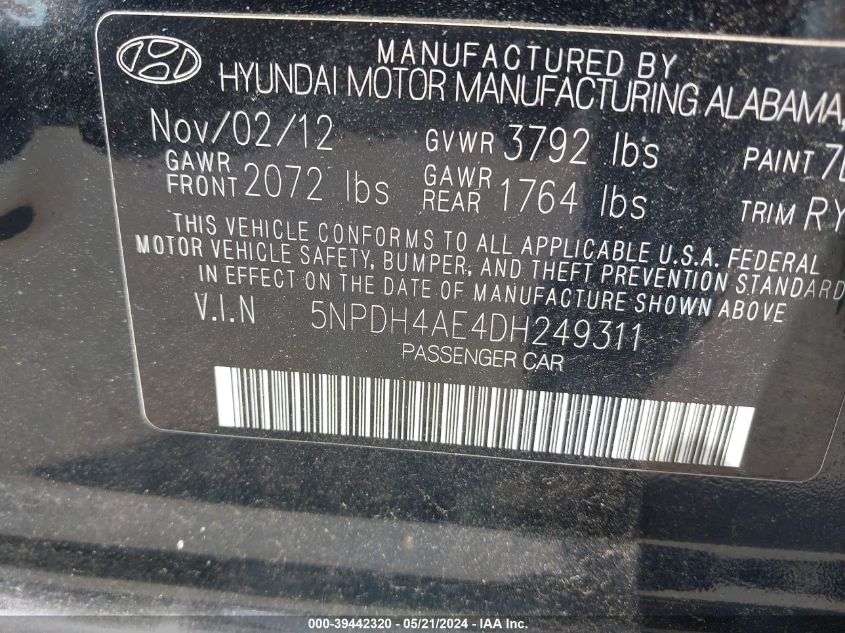 2013 Hyundai Elantra Limited VIN: 5NPDH4AE4DH249311 Lot: 39442320