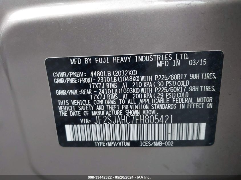 2015 Subaru Forester 2.5I Limited VIN: JF2SJAHC7FH805421 Lot: 39442322