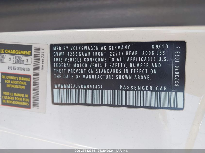 2011 Volkswagen Golf Tdi 2-Door VIN: WVWMM7AJ5BW091434 Lot: 39442331