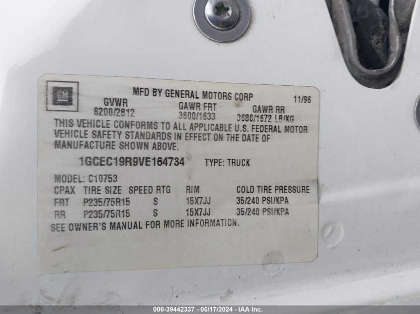 1997 Chevrolet C1500 Fleetside VIN: 1GCEC19R9VE164734 Lot: 39442337