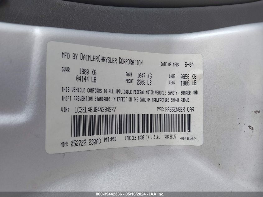 2004 Chrysler Sebring VIN: 1C3EL46J84N394977 Lot: 39442336