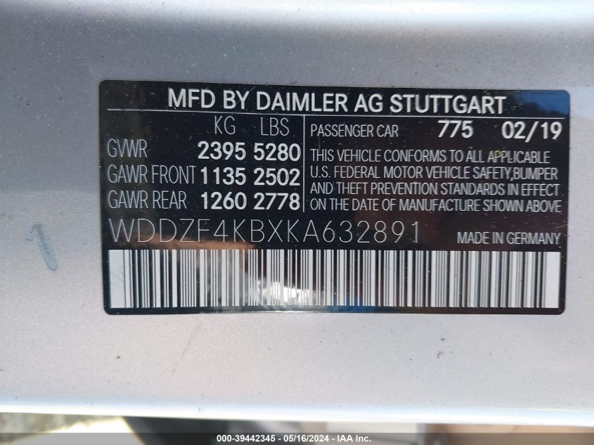 2019 Mercedes-Benz E 300 4Matic VIN: WDDZF4KBXKA632891 Lot: 39442345