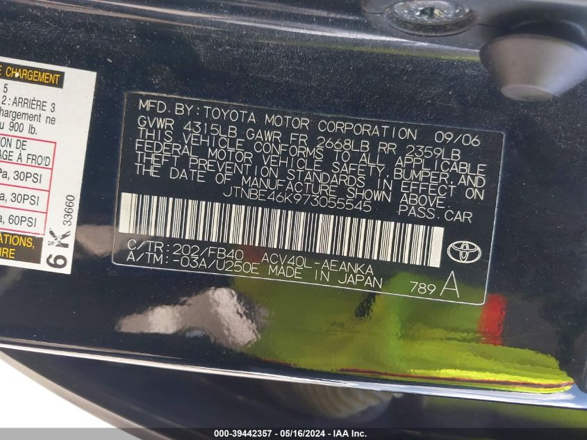 2007 Toyota Camry Le VIN: JTNBE46K973055545 Lot: 39442357