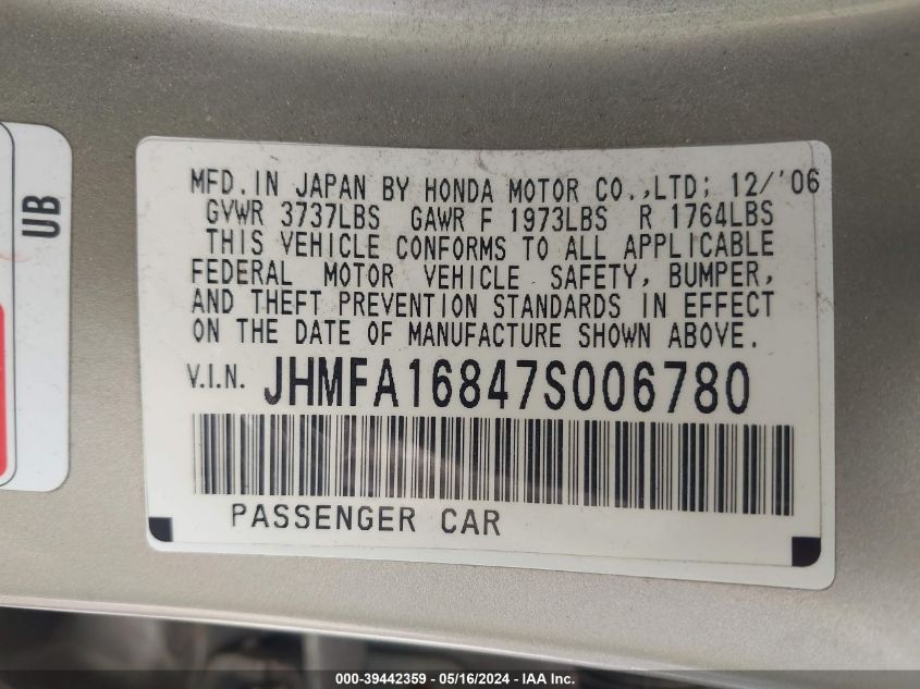 2007 Honda Civic Ex VIN: JHMFA16847S006780 Lot: 39442359