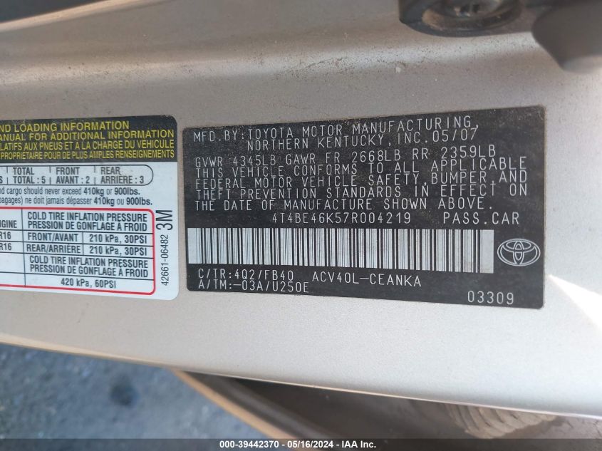 2007 Toyota Camry Le VIN: 4T4BE46K57R004219 Lot: 39442370
