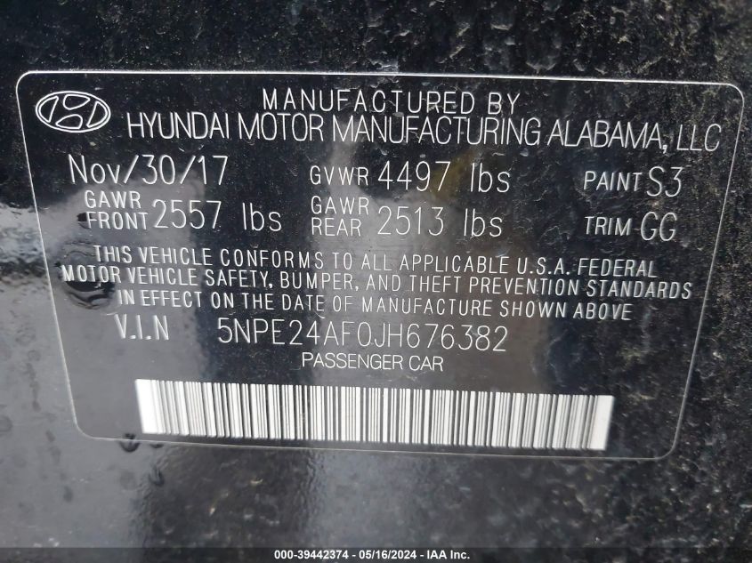 2018 Hyundai Sonata Se VIN: 5NPE24AF0JH676382 Lot: 39442374