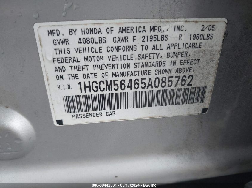2005 Honda Accord 2.4 Lx VIN: 1HGCM56465A085762 Lot: 39442381