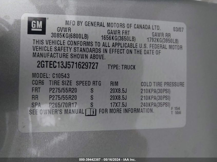 2007 GMC Sierra 1500 Sle1 VIN: 2GTEC13J571629727 Lot: 39442387