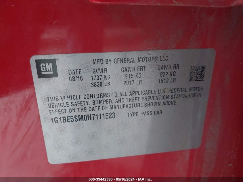 2017 Chevrolet Cruze Lt Auto VIN: 1G1BE5SM0H7111523 Lot: 39442390