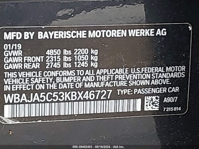 2019 BMW 530 I VIN: WBAJA5C53KBX46727 Lot: 39442403
