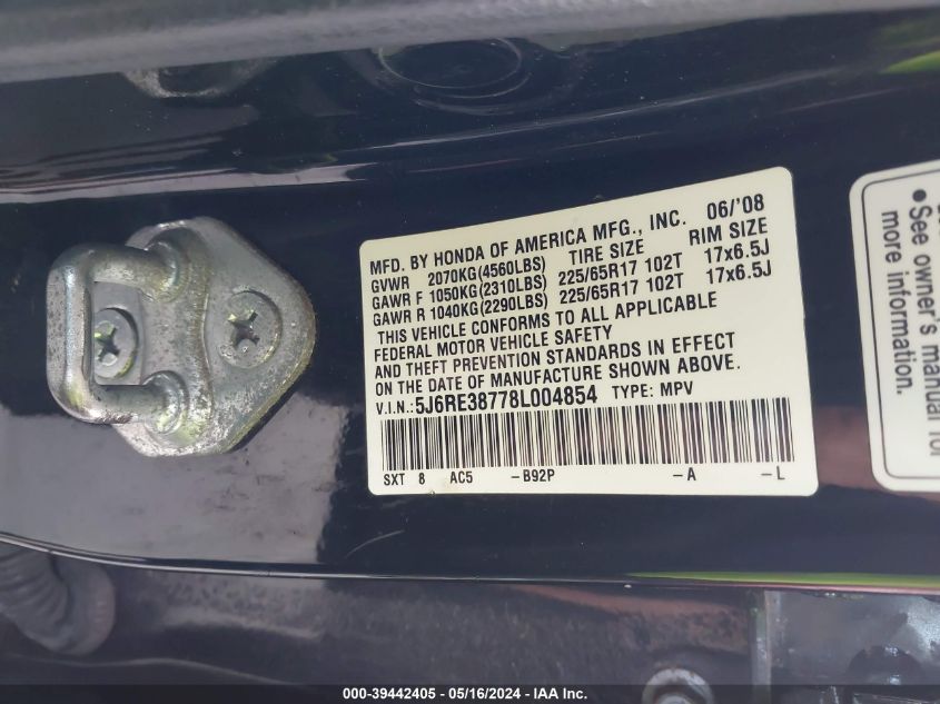 2008 Honda Cr-V Exl VIN: 5J6RE38778L004854 Lot: 39442405