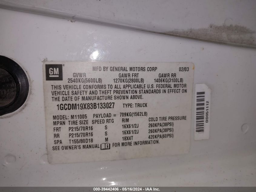 2003 Chevrolet Astro VIN: 1GCDM19X83B133027 Lot: 39442406