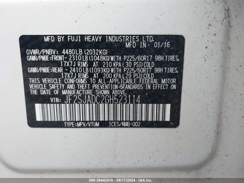 2016 Subaru Forester 2.5I Premium VIN: JF2SJADC2GH523114 Lot: 39442410