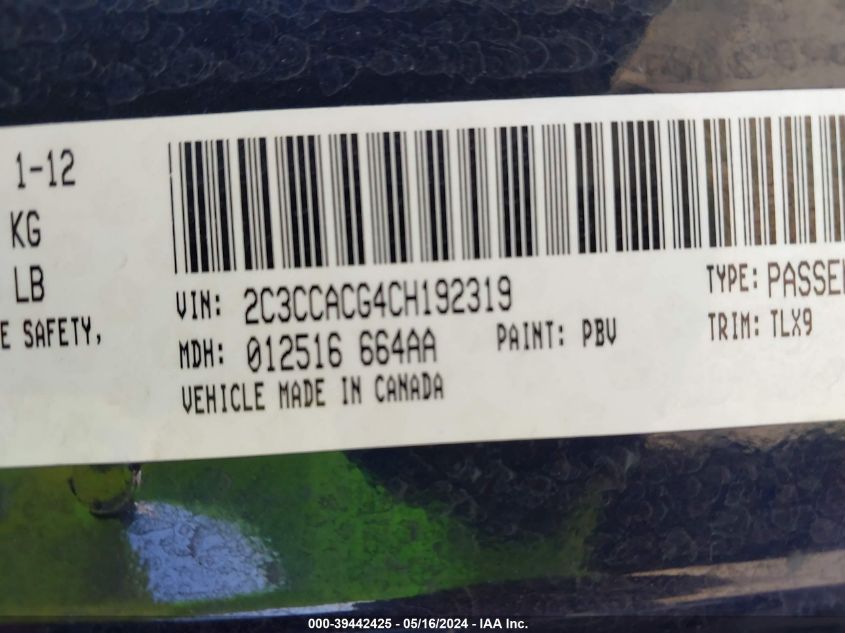 2012 Chrysler 300 Limited VIN: 2C3CCACG4CH192319 Lot: 39442425