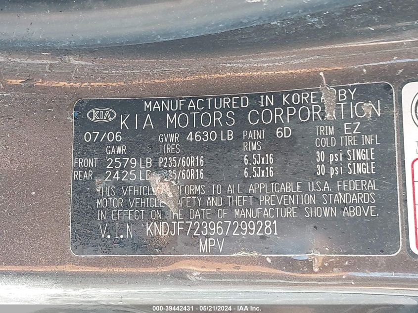 2006 Kia Sportage VIN: KNDJF723967299281 Lot: 39442431