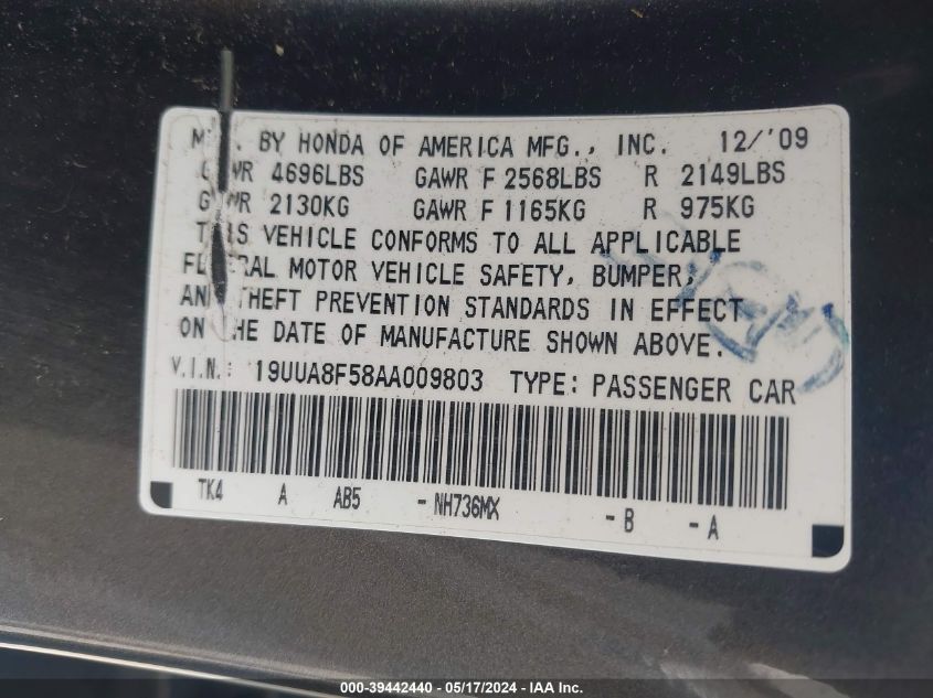 2010 Acura Tl 3.5 VIN: 19UUA8F58AA009803 Lot: 39442440