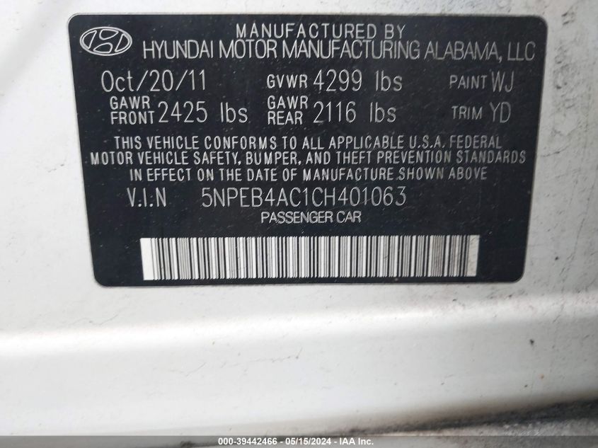 2012 Hyundai Sonata Gls VIN: 5NPEB4AC1CH401063 Lot: 39442466