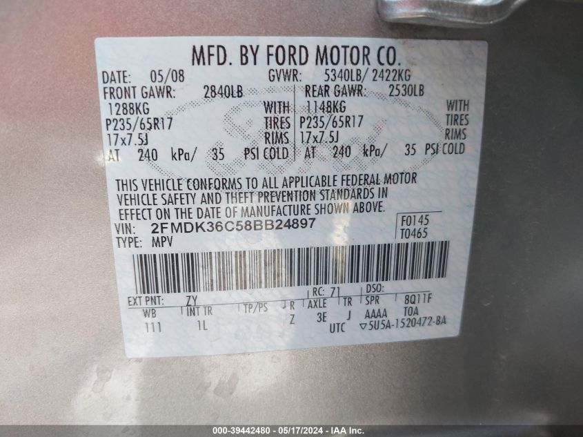 2008 Ford Edge Se VIN: 2FMDK36C58BB24897 Lot: 39442480