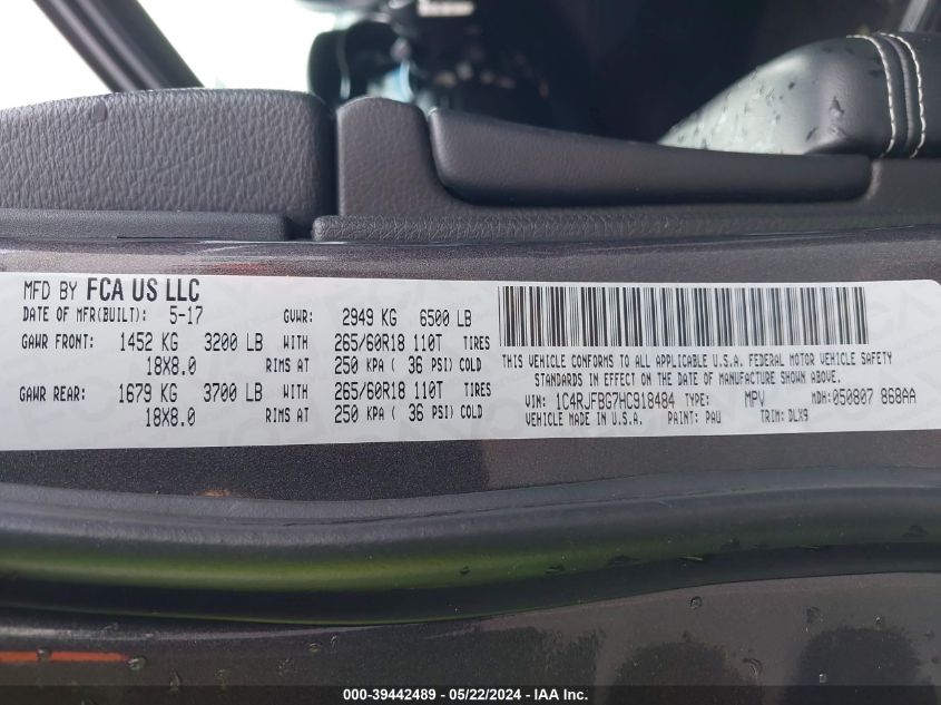 2017 Jeep Grand Cherokee Limited 4X4 VIN: 1C4RJFBG7HC918484 Lot: 39442489