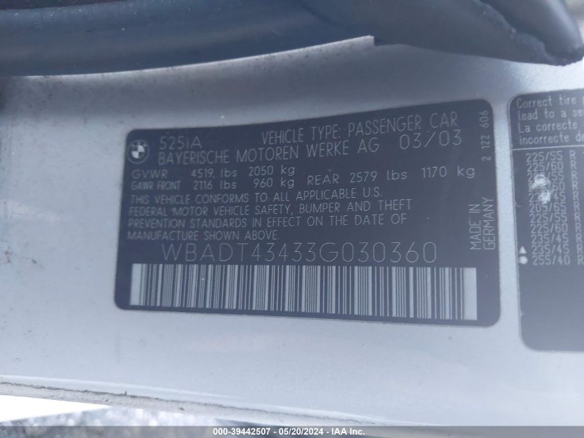 2003 BMW 525Ia VIN: WBADT43433G030360 Lot: 39442507